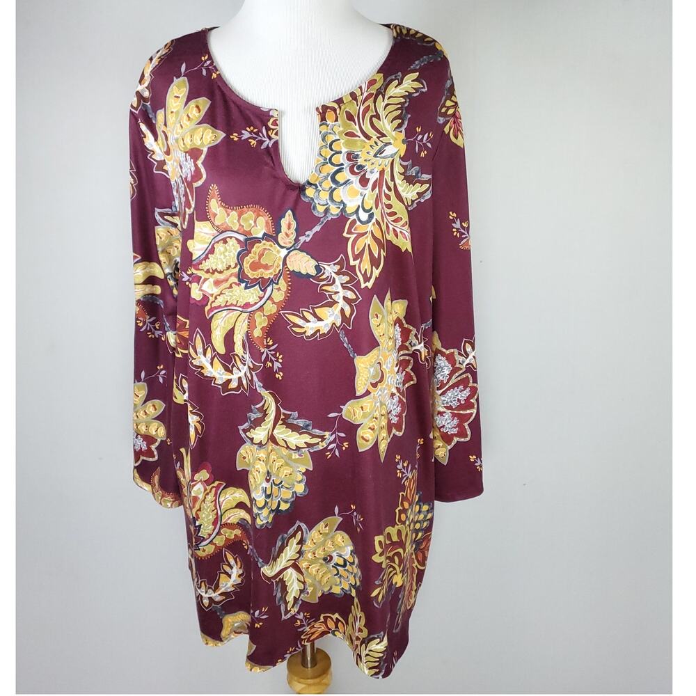 Chico's Sz 3 Purple Floral Knit Tunic Top Split V-neck Long Sleeve Chicos XL 16